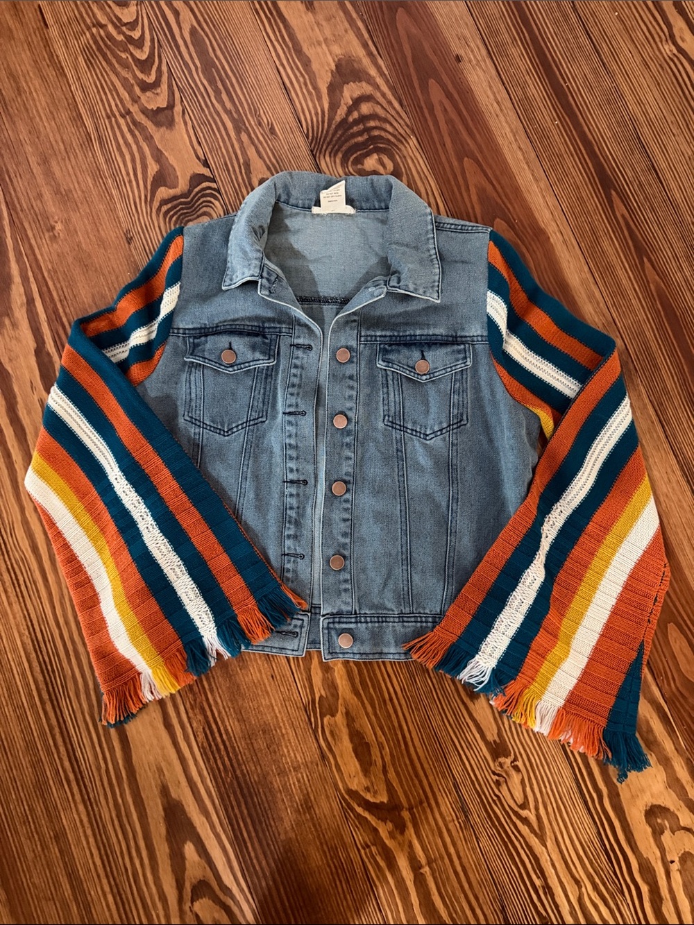 Altar'd State Blue Denim Jacket with Multi-Color Striped knit Bell Sleeves